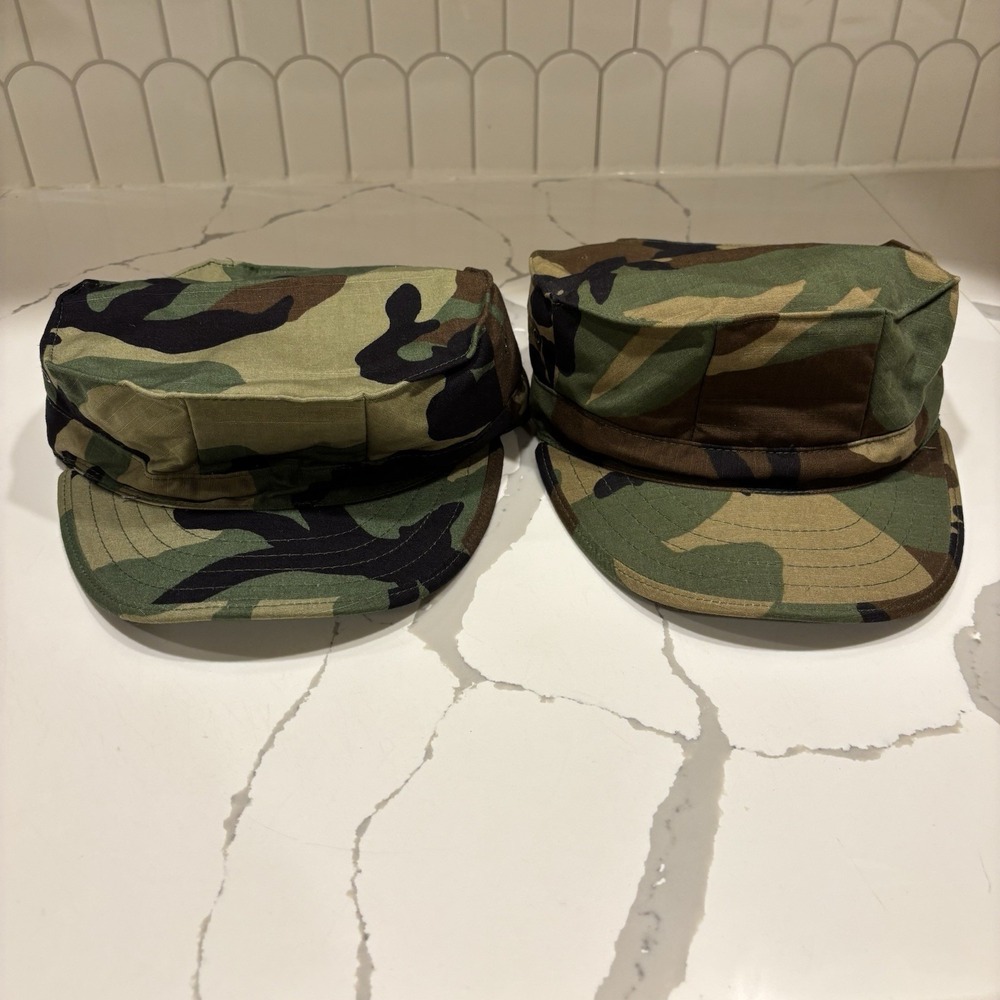 Lot Of 2 Army Style Woodland Camouflage Hats Size Medium BDU Style Made In USA